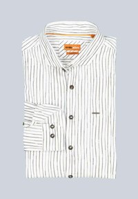 Weiß gestreifes Button-Up-Hemd mit grauen und schwarzen vertikalen Streifen, ausgestattet mit einem umklappbaren Kragen und einer einzelnen Brusttasche. Orangefarbiges Etikett sichtbar.