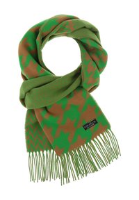 Roheline ja pruun mustriga sall, millel on houndstooth kujundus, pehme tekstuur ja fringi ääred. Sisaldab brändimärgistust.