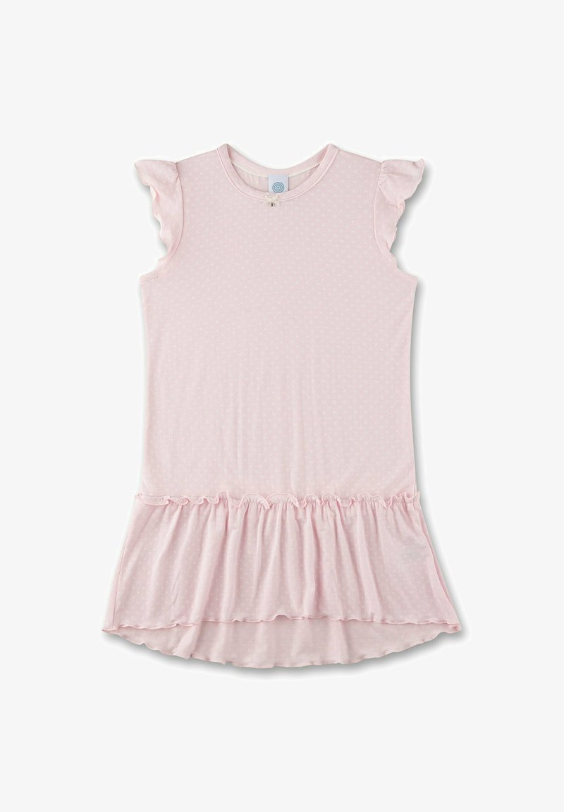 Abito in cotone rosa pallido con maniche corte a volant, motivo a pois, e un orlo arricciato in vita, con scollatura rotonda.