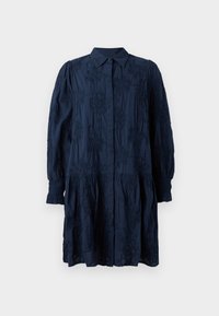 Navy blue dress made from textured fabric with floral embroidery, button-up front, collar, and long puffed sleeves with smocked cuffs.