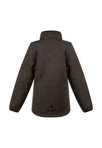 Sudadera de forro polar, marrón oscuro con un acabado texturizado, cuello alto y mangas largas. Presenta un dobladillo recto y una marca mínima cerca de la parte inferior.