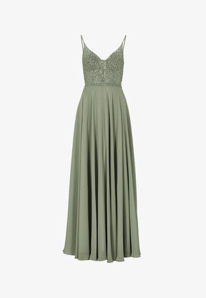 Long, sleeveless dress in olive green. The bodice features intricate beadwork, leading to a flowing, pleated skirt made of smooth fabric.