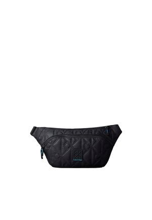 Sac banane noir matelassé avec deux compartiments zippés et une petite étiquette avec logo Calvin Klein au centre avant.