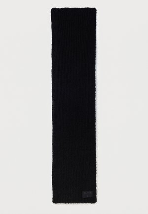 Musta sall, mis on valmistatud tekstuuritud kangast, pikk ja kitsas kuju, millel on ühes otsas brändi silt. Pehme, puhas pind ühtlase mustriga.