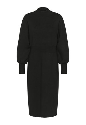 Mustast kootud kleit kõrge kaelusega, volangvarrukate ja soonikutega mansettidega, millel on ümbermõõdus vöökoht ja sirge siluett.