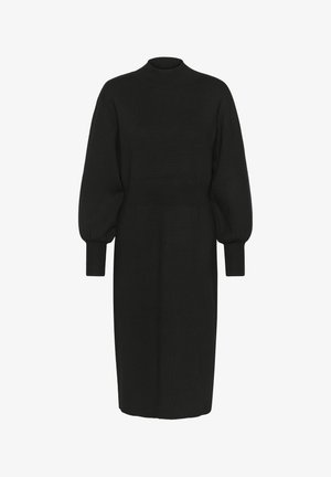 Mustast kootud kleit kõrge kaelusega, volangvarrukate ja soonikutega mansettidega, millel on ümbermõõdus vöökoht ja sirge siluett.