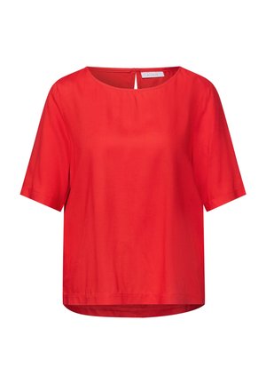 Czerwona bluzka z krótkim rękawem, okrągłym dekoltem i małym zapięciem na guzik z tyłu, wykonana z lekkiego materiału.