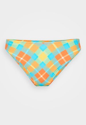 Bikini dolne o kolorowym wzorze w kratę w odcieniach pomarańczowym, niebieskim i zielonym, wykonane z gładkiego, lekkiego materiału, z niskim stanem.