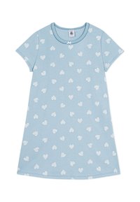 Φόρεμα από βαμβάκι ανοιχτού γαλάζιου χρώματος με κοντά μανίκια και στρογγυλή λαιμόκοψη. Διακοσμημένο με μικρά λευκά σχέδια καρδιών, μερικά από τα οποία έχουν ρίγες.