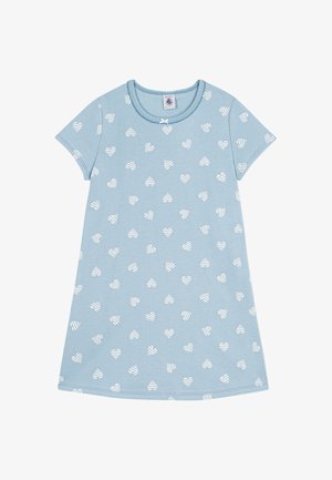 Rochie din bumbac albastru deschis, cu mâneci scurte și guler rotund. Decorată cu modele mici de inimioare albe, unele cu dungi.