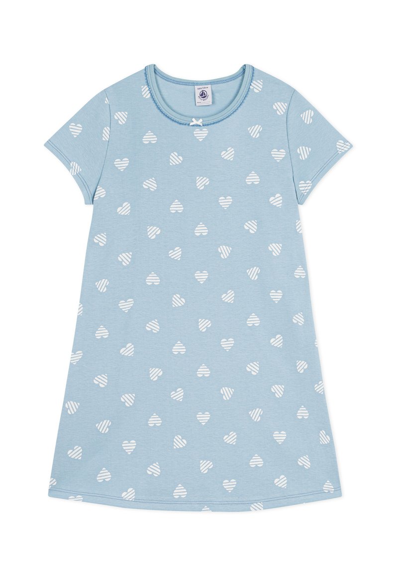 Φόρεμα από βαμβάκι ανοιχτού γαλάζιου χρώματος με κοντά μανίκια και στρογγυλή λαιμόκοψη. Διακοσμημένο με μικρά λευκά σχέδια καρδιών, μερικά από τα οποία έχουν ρίγες.