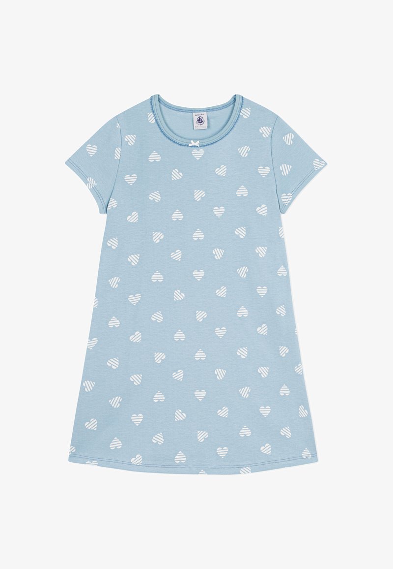 Φόρεμα από βαμβάκι ανοιχτού γαλάζιου χρώματος με κοντά μανίκια και στρογγυλή λαιμόκοψη. Διακοσμημένο με μικρά λευκά σχέδια καρδιών, μερικά από τα οποία έχουν ρίγες.