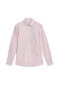 Camicia a maniche lunghe rosa chiaro con colletto a punte, chiusura con bottoni e tessuto dalla texture liscia. Presenta un orlo curvo e polsini con bottone.