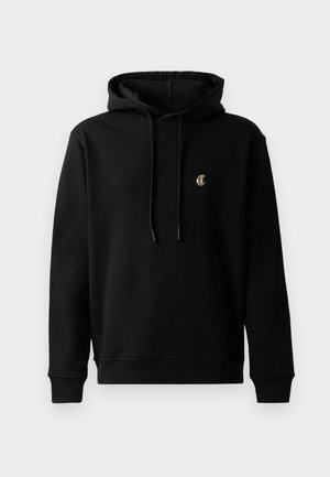 Felpa nera con cappuccio in cotone misto, dotata di tasca a kangaroo sul davanti, cappuccio regolabile con coulisse e un piccolo logo ricamato sul petto.