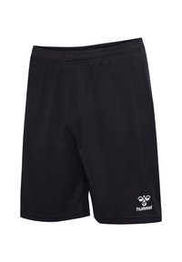 Zwarte sportshorts van glad, lichtgewicht materiaal. Met een elastische tailleband en een klein wit logo aan de onderkant van de linkerkant.