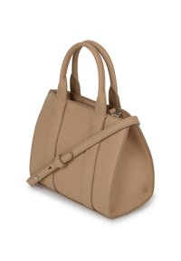 Beżowa skórzana torebka z dwoma krótkimi uchwytami i odpinanym paskiem. Charakteryzuje się teksturowanym wykończeniem oraz usztywnionym kształtem z widocznymi szwami.