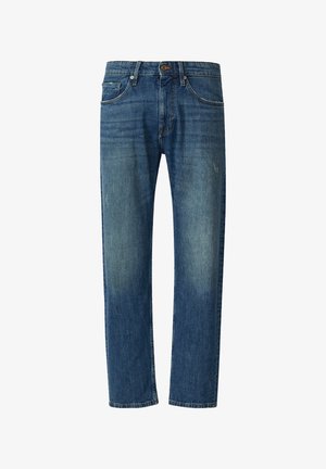 Blaue Denim-Jeans mit geradem Bein, dezenten Waschungen, kontrastierenden Nähten und klassischem Fünf-Taschen-Design.