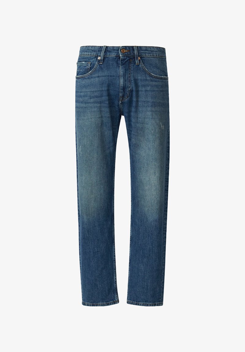 Blaue Denim-Jeans mit geradem Bein, dezenten Waschungen, kontrastierenden Nähten und klassischem Fünf-Taschen-Design.