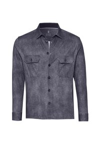 Donkerblauwe overhemden met knopen van gestructureerde stof, met twee borstzakken, een traditionele kraag en lange mouwen.