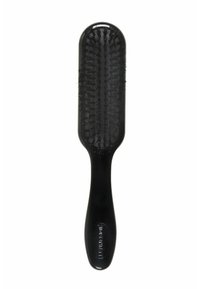 Black hairbrush with a long, flat paddle design, textured bristles, and a streamlined grip handle. Glossy finish on the surface.