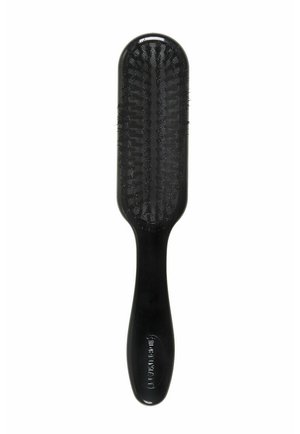Black hairbrush with a long, flat paddle design, textured bristles, and a streamlined grip handle. Glossy finish on the surface.