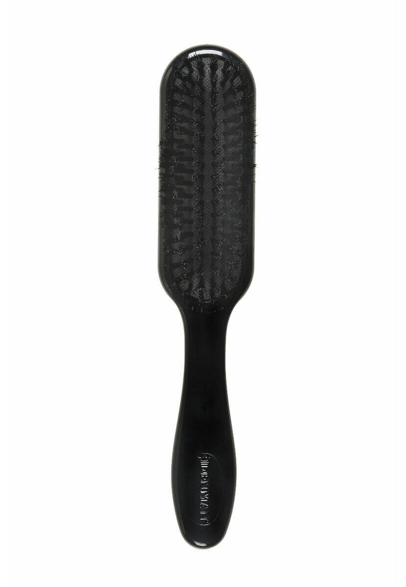 Black hairbrush with a long, flat paddle design, textured bristles, and a streamlined grip handle. Glossy finish on the surface.