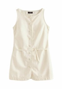 Robe sans manches de couleur crème avec un devant à boutons, une taille ceinturée, deux poches latérales et une silhouette droite.