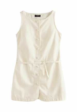 Krēmkrāsas bezpiedurkņu kleita ar pogu aizdari, jostu viduklī, divām sānu kabatām un taisnu siluetu.