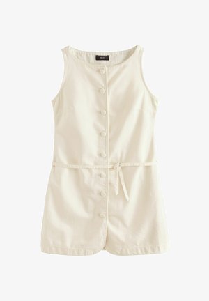 Robe sans manches de couleur crème avec un devant à boutons, une taille ceinturée, deux poches latérales et une silhouette droite.