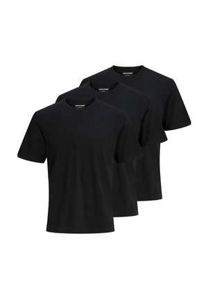 Tre ensfarvede sorte t-shirts med korte ærmer og rund hals, arrangeret i en forskudt overlappende række på en hvid baggrund.