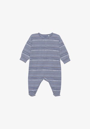 Blauw en grijs gestreepte baby romper met lange mouwen, ronde hals en met voetjes. Zachte stof met knoopsluiting aan de voorkant.