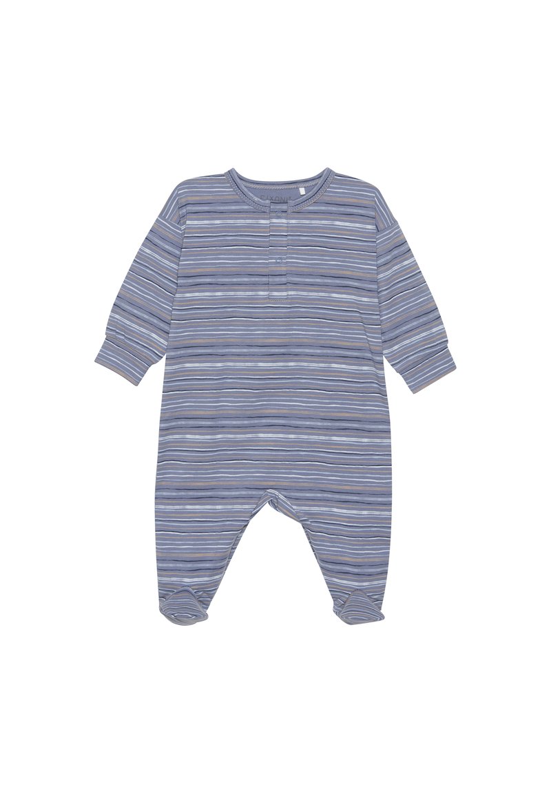 Blau- und grau gestreifter Baby-Overall mit langen Ärmeln, Rundhalsausschnitt und Fußdesign. Weicher Stoff mit Knopfverschluss vorne.