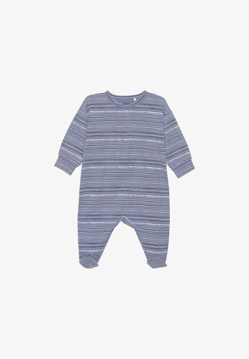 Combinaison pour bébé rayée bleu et gris avec des manches longues, un col rond et un design doté de pieds. Tissu doux avec fermeture à boutons à l'avant.