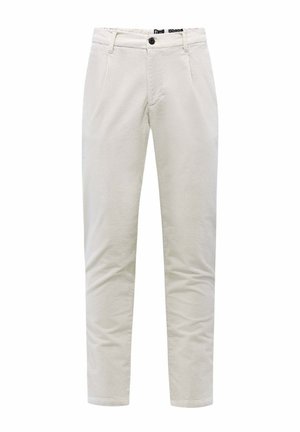 Lichtbeige corduroy broek met een rechte snit, voorzien van een knoopsluiting, twee voorkruiken en subtiele verticale strepen.