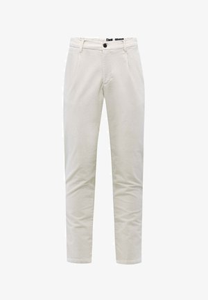 Lichtbeige corduroy broek met een rechte snit, voorzien van een knoopsluiting, twee voorkruiken en subtiele verticale strepen.