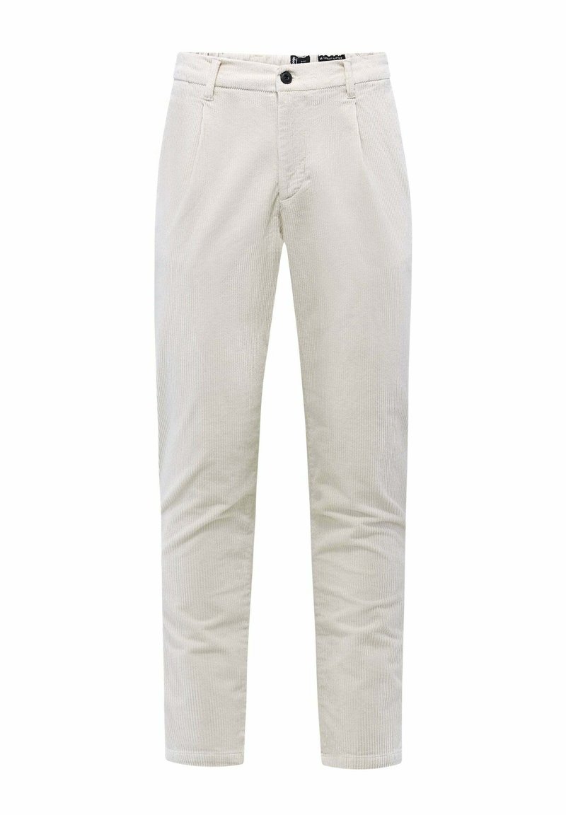 Lichtbeige corduroy broek met een rechte snit, voorzien van een knoopsluiting, twee voorkruiken en subtiele verticale strepen.