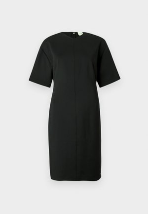 Black short-sleeve dress with a straight cut, V-neckline, and a concealed back zipper. Made from smooth fabric with no visible patterns.