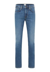 Light blue denim jeans with a straight leg design, five pockets, subtle fading, and contrast stitching along the seams.