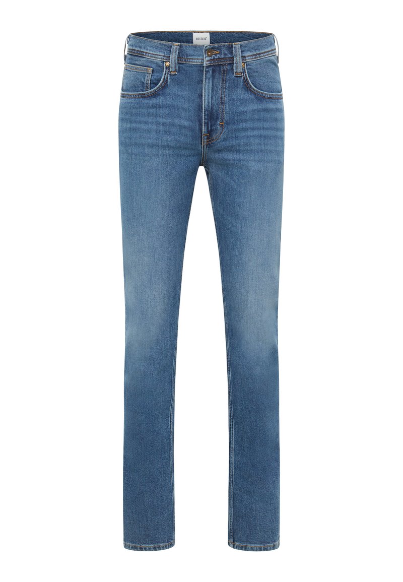 Light blue denim jeans with a straight leg design, five pockets, subtle fading, and contrast stitching along the seams.