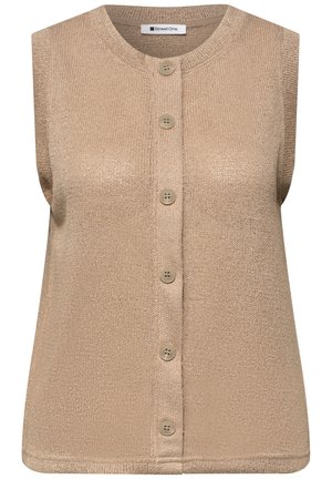 Ärmellose beige Strickjacke mit rundem Ausschnitt und sechs vorderen Knöpfen, hergestellt von Street One, mit lockerem Schnitt.