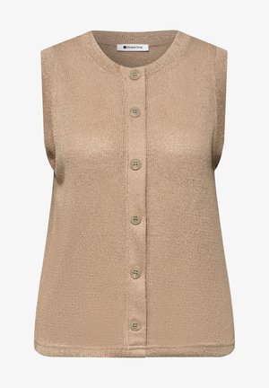 Cardigan beige en maille sans manches avec col rond et six boutons devant, fabriqué par Street One, avec une coupe décontractée.