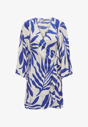 Blue and white wrap dress, featuring leaf patterns, V-neckline, three-quarter sleeves, tied side detail, and a flowy silhouette.