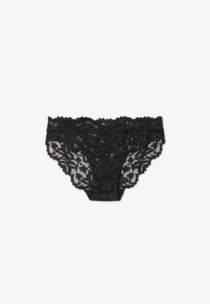 Black lace panties featuring floral patterns, scalloped edges, and a seamless design for comfort and style.
