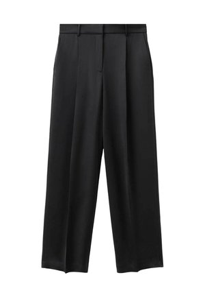 Pantalones de pierna ancha negros, confeccionados con un material suave, con una cintura entallada, pliegues marcados y un dobladillo recto.