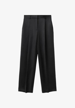 Pantalones de pierna ancha negros, confeccionados con un material suave, con una cintura entallada, pliegues marcados y un dobladillo recto.