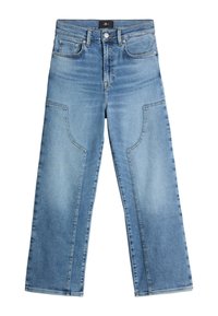 Ljust blå denim byxor med vida ben och hög midja, två framfickor, kontrasterande sömmar och en knappstängning i midjan.