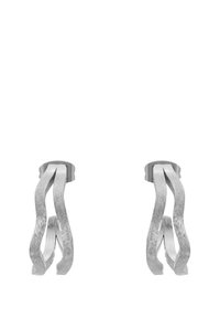 Sølvmetalløreringer med en bølgete design og teksturerte overflater samt en glatt bakside, laget for øredobber. Minimalistisk stil.