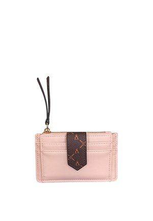 Porta carte in pelle rosa chiaro con cinturino in pelle marrone scuro con motivo cucito e tasca con cerniera con tiranti.