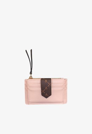 Porta carte in pelle rosa chiaro con cinturino in pelle marrone scuro con motivo cucito e tasca con cerniera con tiranti.