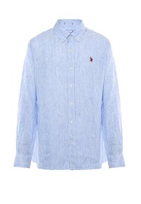 Camicia a righe blu e bianca. Caratterizzata da maniche lunghe, colletto classico e un piccolo logo sul petto. Materiale di cotone leggero.